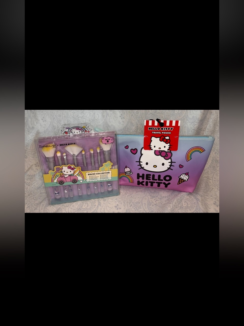 Hello Kitty Purple to Blue Ombre Cosmetic Pouch with Pink Brush Set of 8